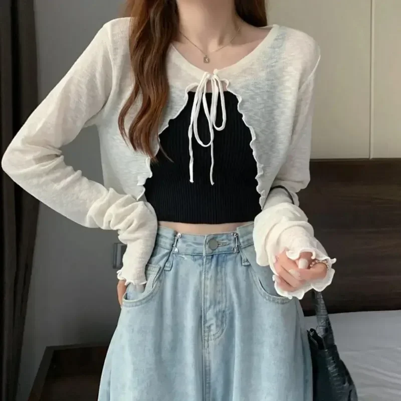 Summer Thin Outerwear Sun Protection Cardigan Ice Silk Knit Women Tops Bow Lace Up Short Suspender Skirt Shawl Airable Shirt