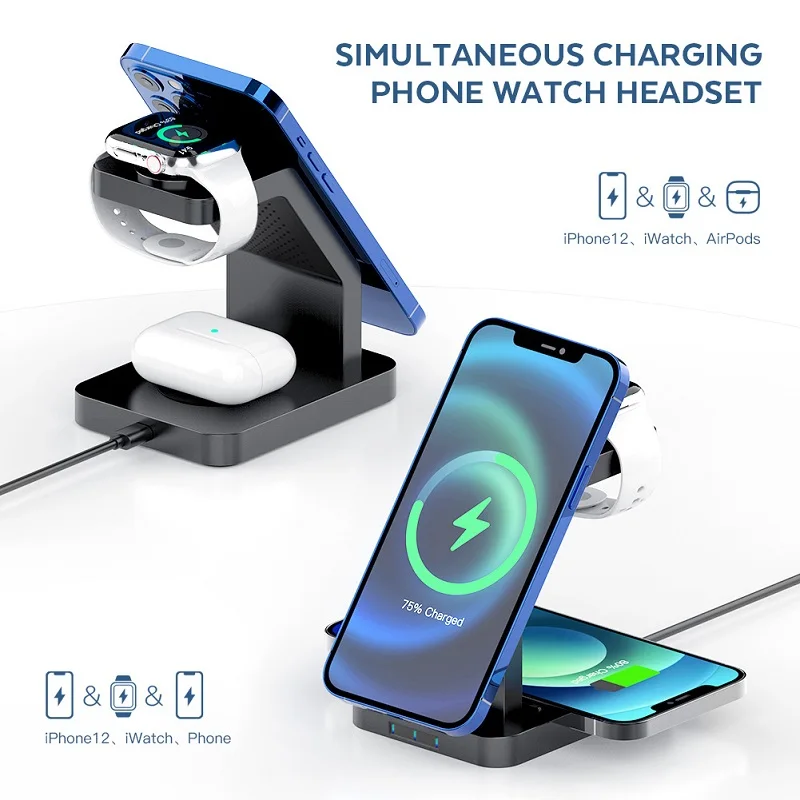 Three-in-one wireless magnetic charger 23W fast charging suitable for iPhone, AirPods 3rd/2nd gen, Series 9/8/7/6/5/4/SE