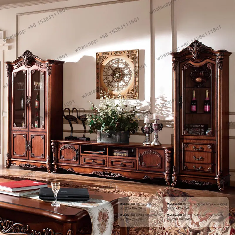 European luxury solid wood TV wine cabinet American rural retro low cabinet customization