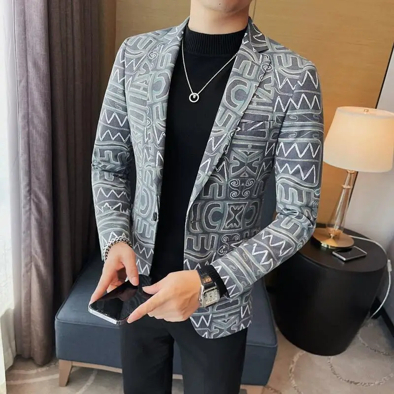 High Quality Men\'s Printed Suit Jacket for Men Autumnn Fashion Slim Fit Casual Business Blazers Wedding Social Dress Coats 4XL-M