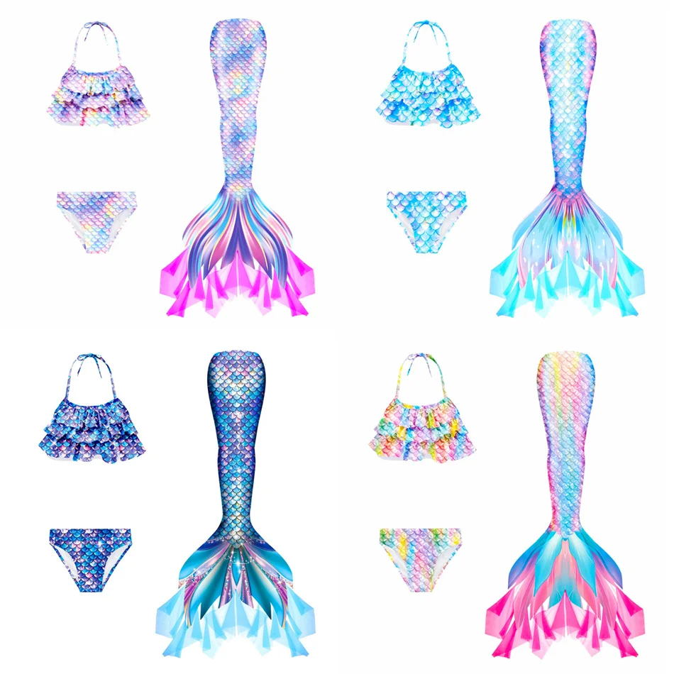 

New Kids Summer Mermaid Tail Cosplay Mesh Swimwear Girls Three Piece Swimsuit Sets Bikini Children Beachwear Swimwear