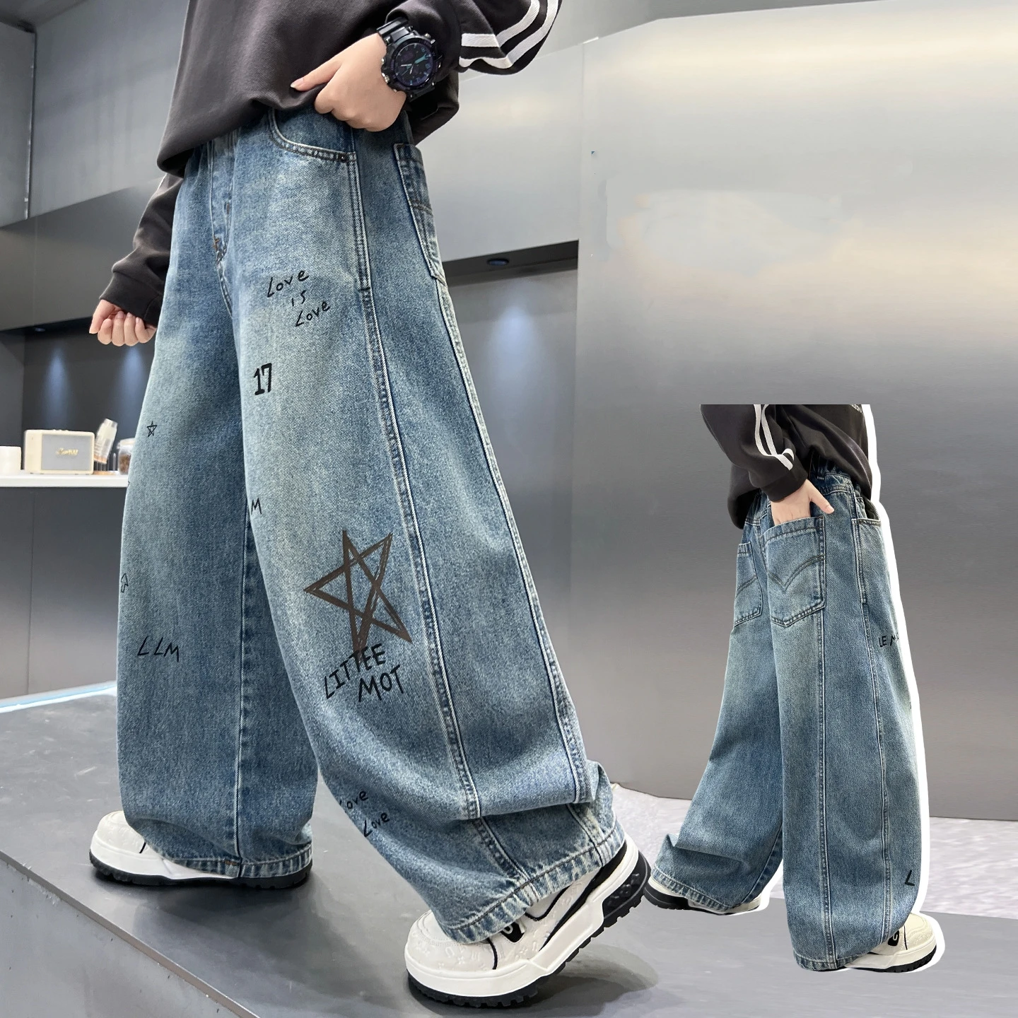 Boys Autumn Jeans Pants Spring Kids Wide Leg Straight Trousers Loose-Fit Casual Trousers Children's Trendy Sweatpants 5-14Y