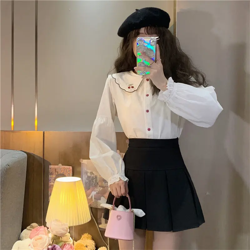 Chic Print Women White Shirt Fashion Peter Pan Collar Lantern Sleeve Blouses Elegant Casual Simple Female Y2K Streetwear 2024