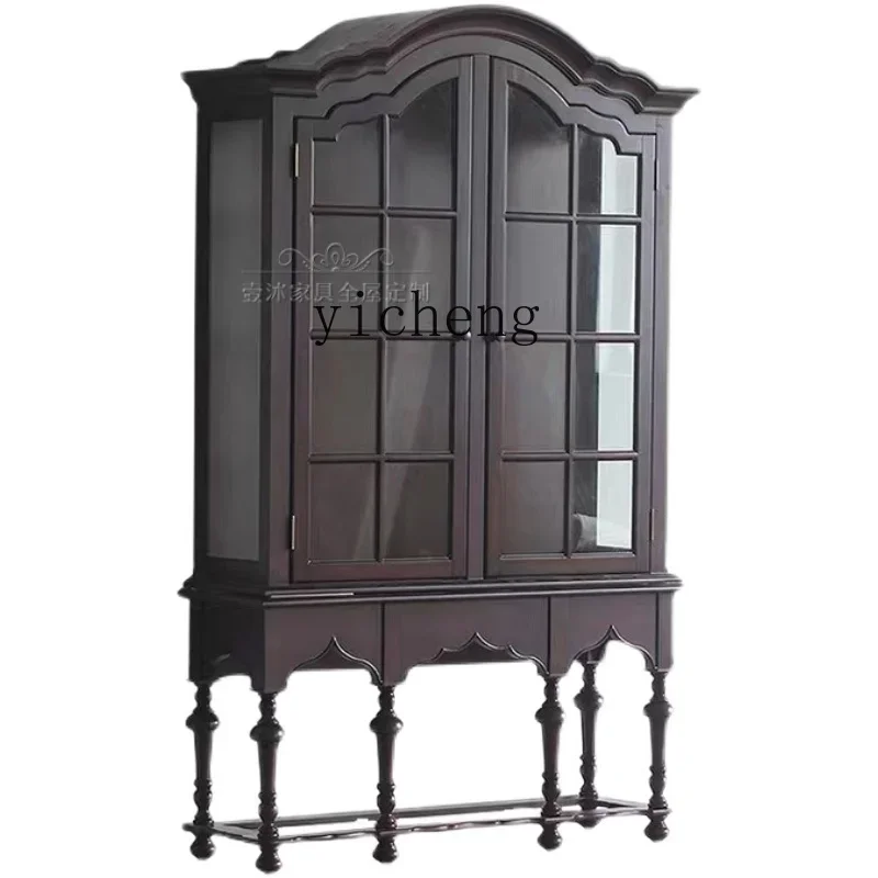 ZK Solid Wood Wine Cabinet Living Room Double Door Display Cabinet Made of Glass Retro Distressed Cupboard