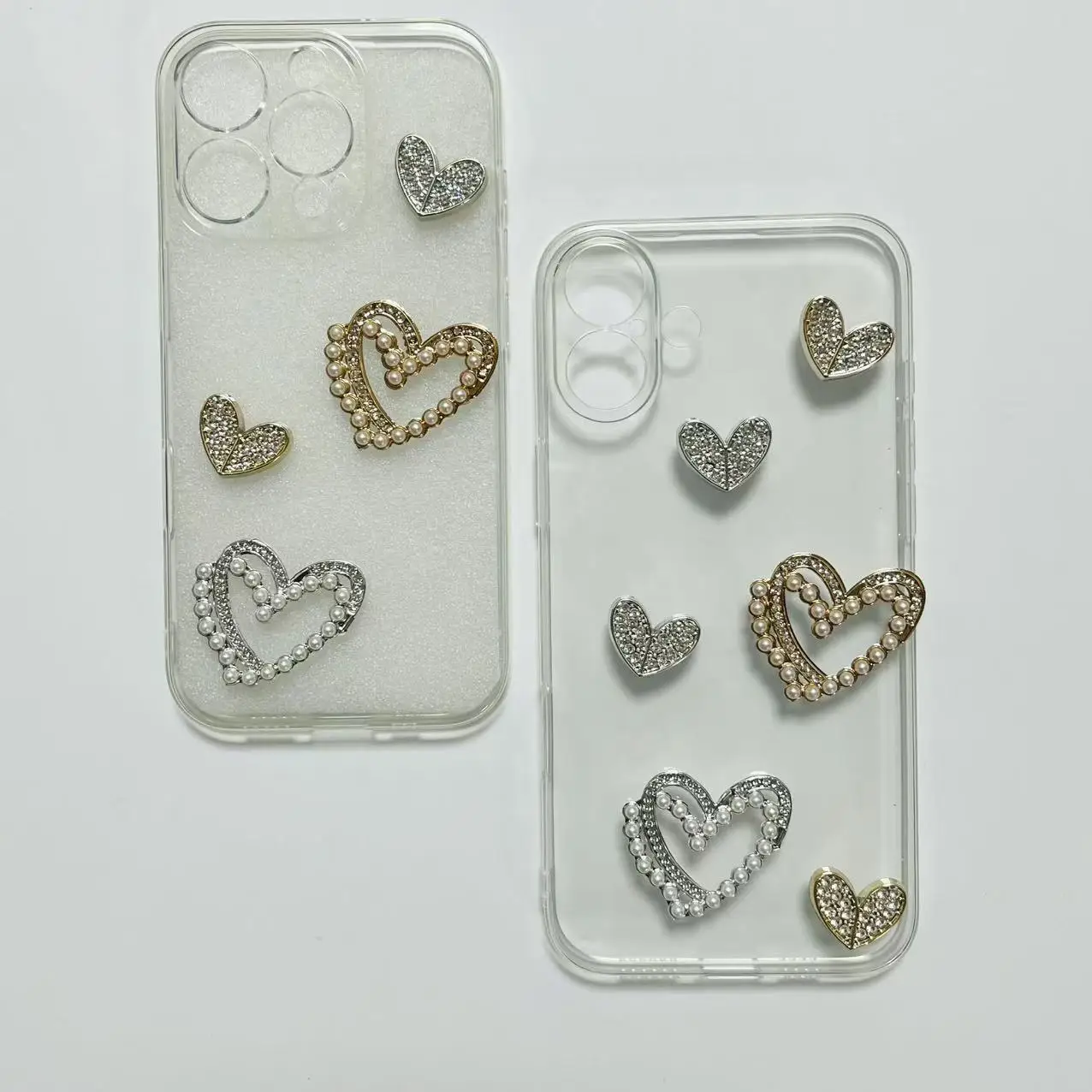20Pcs Mixed Golden Silver Full Diamond Pearl Hollow Heart Resin Junk Phone Case Decoration Charms Handmade Hairpin Crafting Part