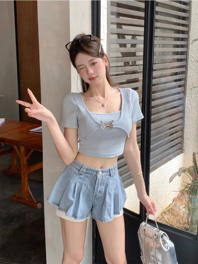 Y2K Tops Blue Square Neck Shoulder Short Sleeve T-Shirt Women Summer Korean Fashion Street Fit High Waist Crop Top Women New