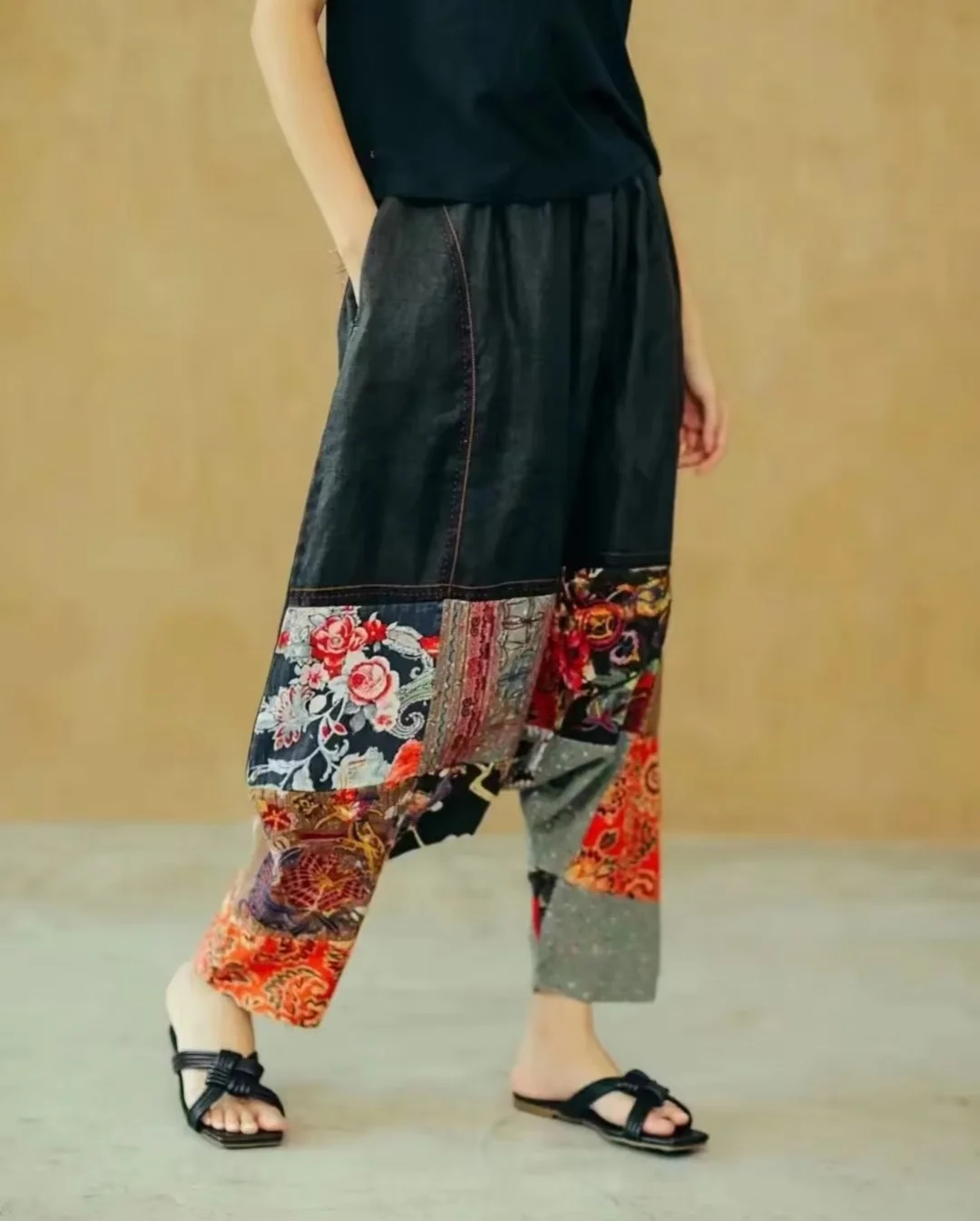 Women's Vintage Cross-pants Fashion Linen Patchwork Hip Hop Ethnic Style Embroidery Spring Floral Casual Pants
