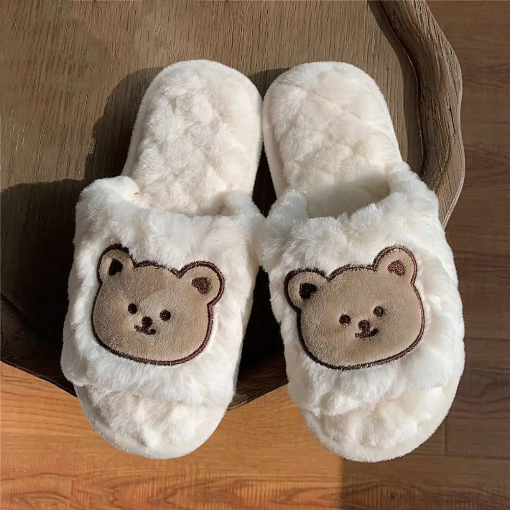 Cute Fuzzy Plush Bear Slippers Grid Comfortable Casual Slippers Winter Cartoon Thickening Flat Plush Shoes Indoor
