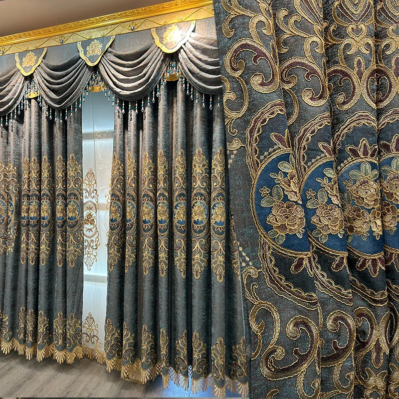 

European Blue Gray Chenille Embroidered Luxury Curtains for Living Room Bedroom Dining Blackout Window Screen Tulle Valance