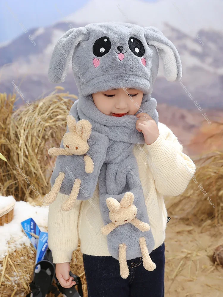 Children's hat women's winter scarf scarf integrated girl baby cute rabbit ears moving plush hat tide