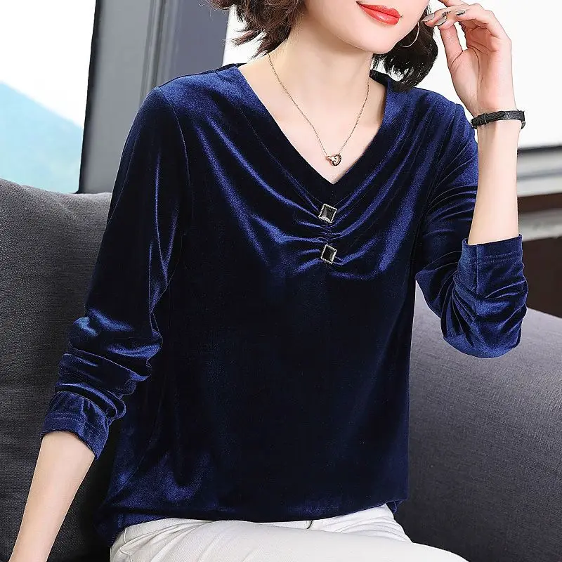 Autumn and Winter Women's Elegant Fashion Golden Velvet T-shirts Ruched V Neck Long Sleeve All Match Basic Tops Solid Loose Ropa