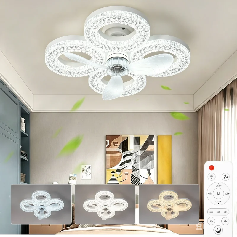 48wスマートledシーリングファンライト、e27ファンベース無段階調光3段階速度タイマーリモコン付きファンランプ、寝室リビングルーム用