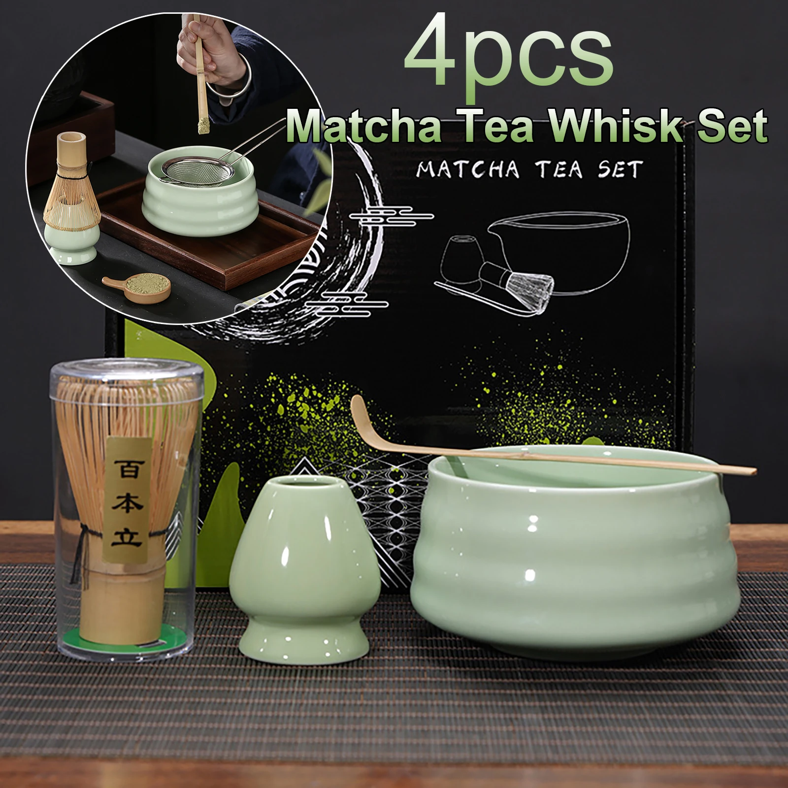 

4Pcs/set Bamboo Matcha Whisk Set Handmade Matcha Bowl Tea Whisk Brush Japanese Ceremony Accessories with Strainer Tool Gift Box