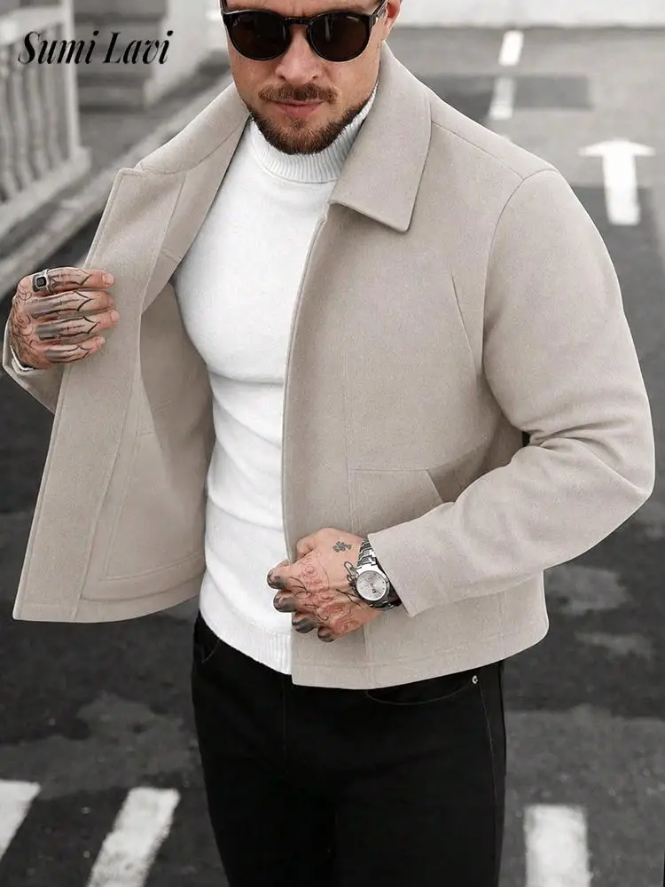 Fashion Mens Slim Jackets 2026 Autumn New Casual Solid Color Woolen Coats Men Streetwear Vintage Button-up Lapel Outerwear