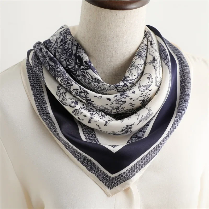 

1pcs 70cm Plant-printed Silk Scarf Women Simulated Silk Elegant and Versatile Headwear Bag Clothing and Accessories Square Scarf
