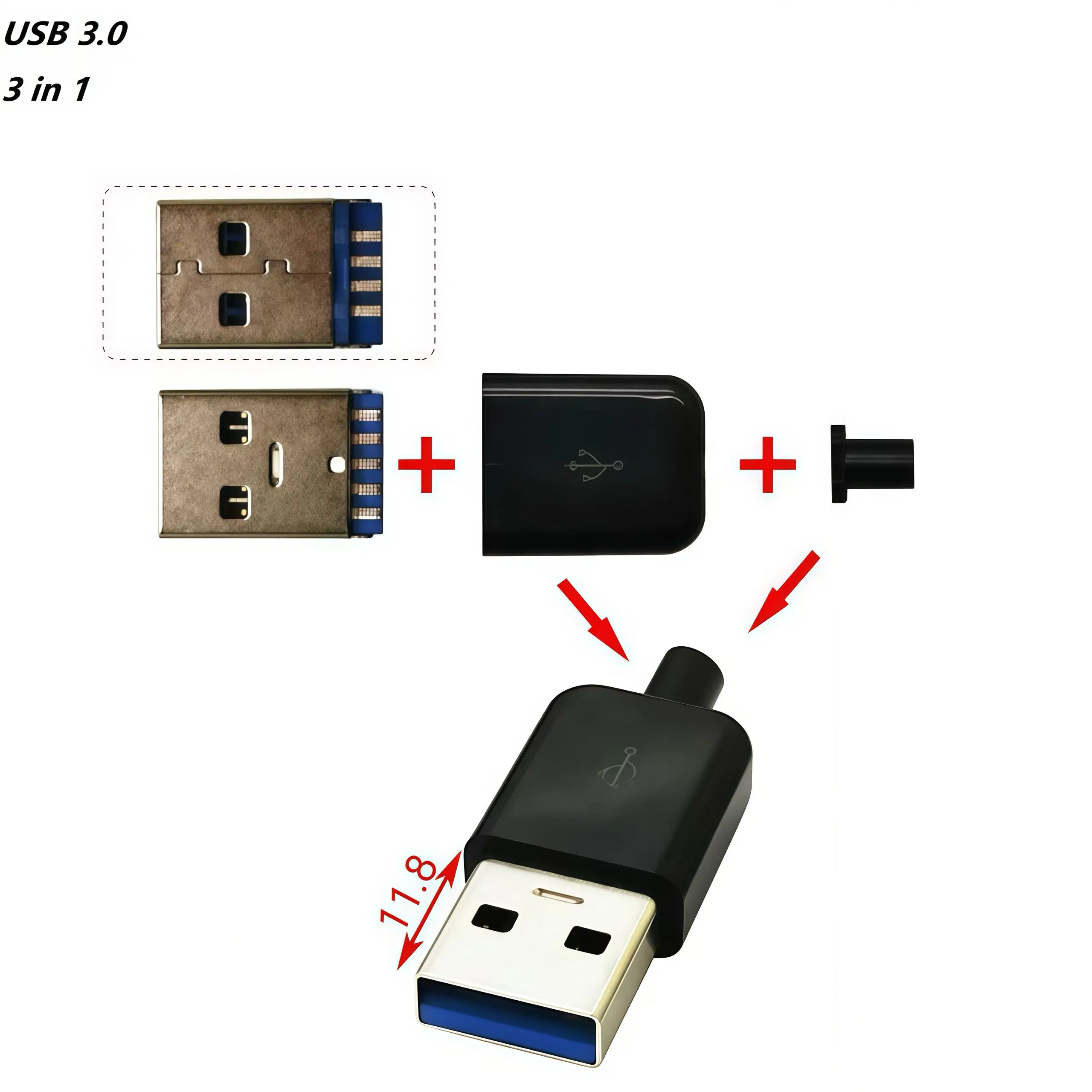 

5Sets DIY USB 3.0 Male Connector (3 in 1) USB 3.0 Assemble Jack With Plastic Cover Charging Socket Soldering Dia.3.2mm