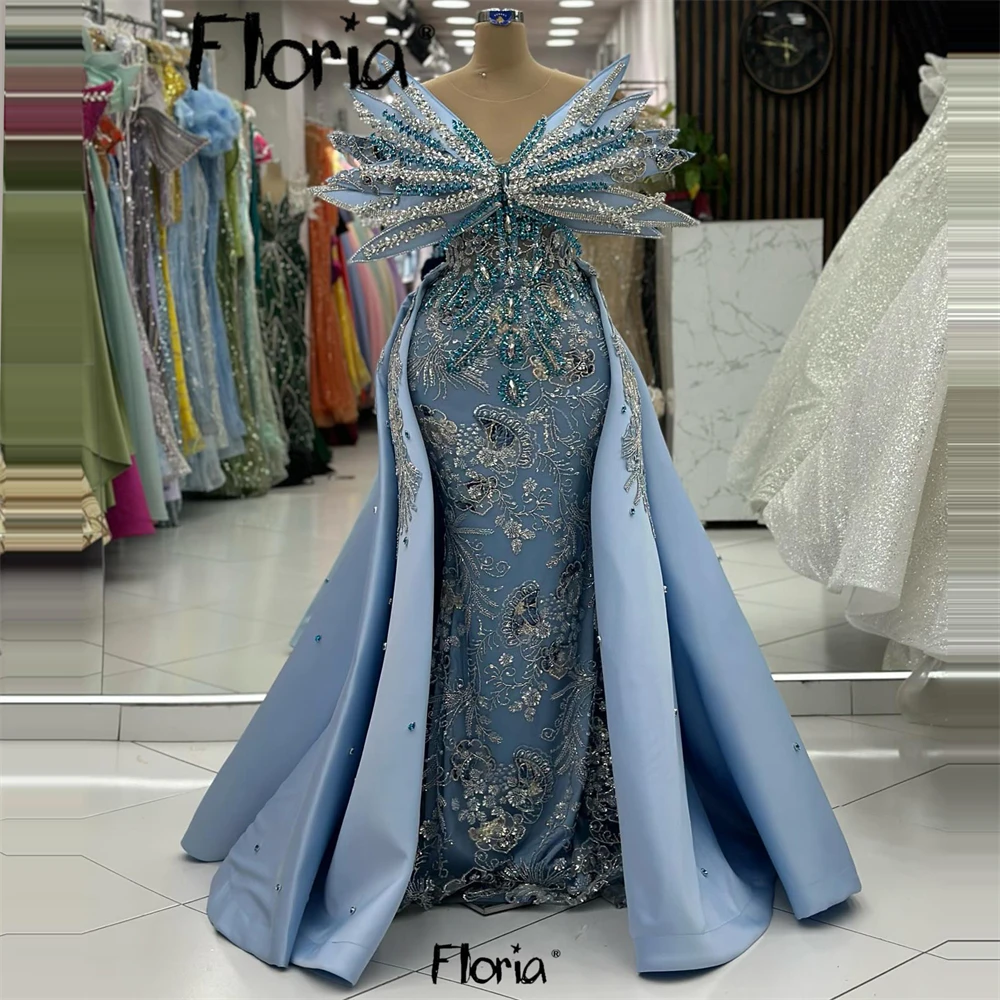 Blue Gorgeous Stone Embellished Evening Dress Customized Luxury Wedding Party Gowns With Overskirt Dinner Prom Dresses For Women