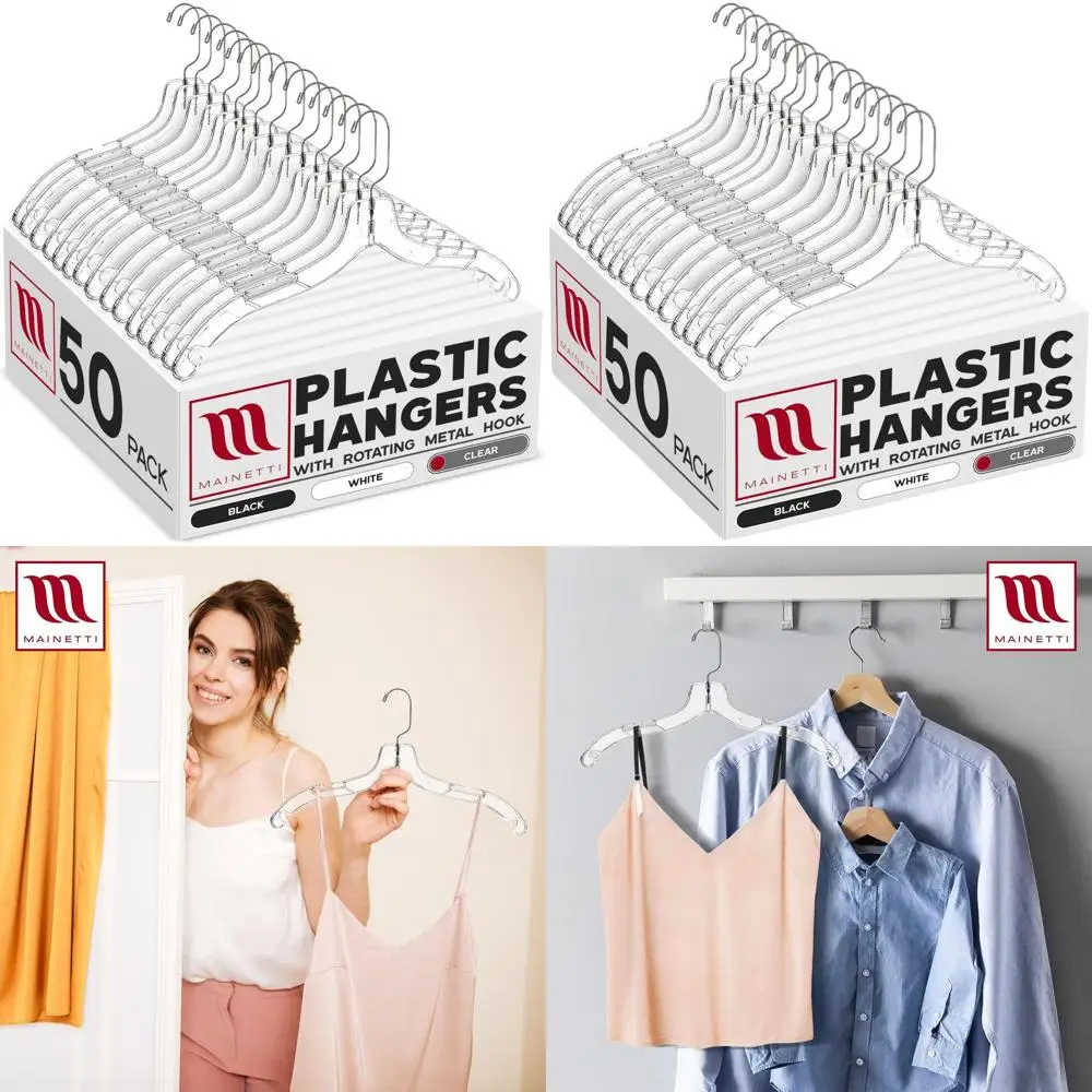 

50-Pack 17-Inch Clear Plastic Hangers with 360 Swivel Hook for Space-Saving Closet Organization Ideal for Shirts, Tops, and Dres