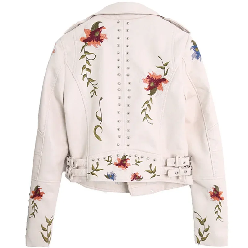 Autumn Vintage Rivet Beaded Flower Embroidery Short Faux PU Leather Jacket Lapel Long Sleeve Motorcycle Biker Jacket Streetwear