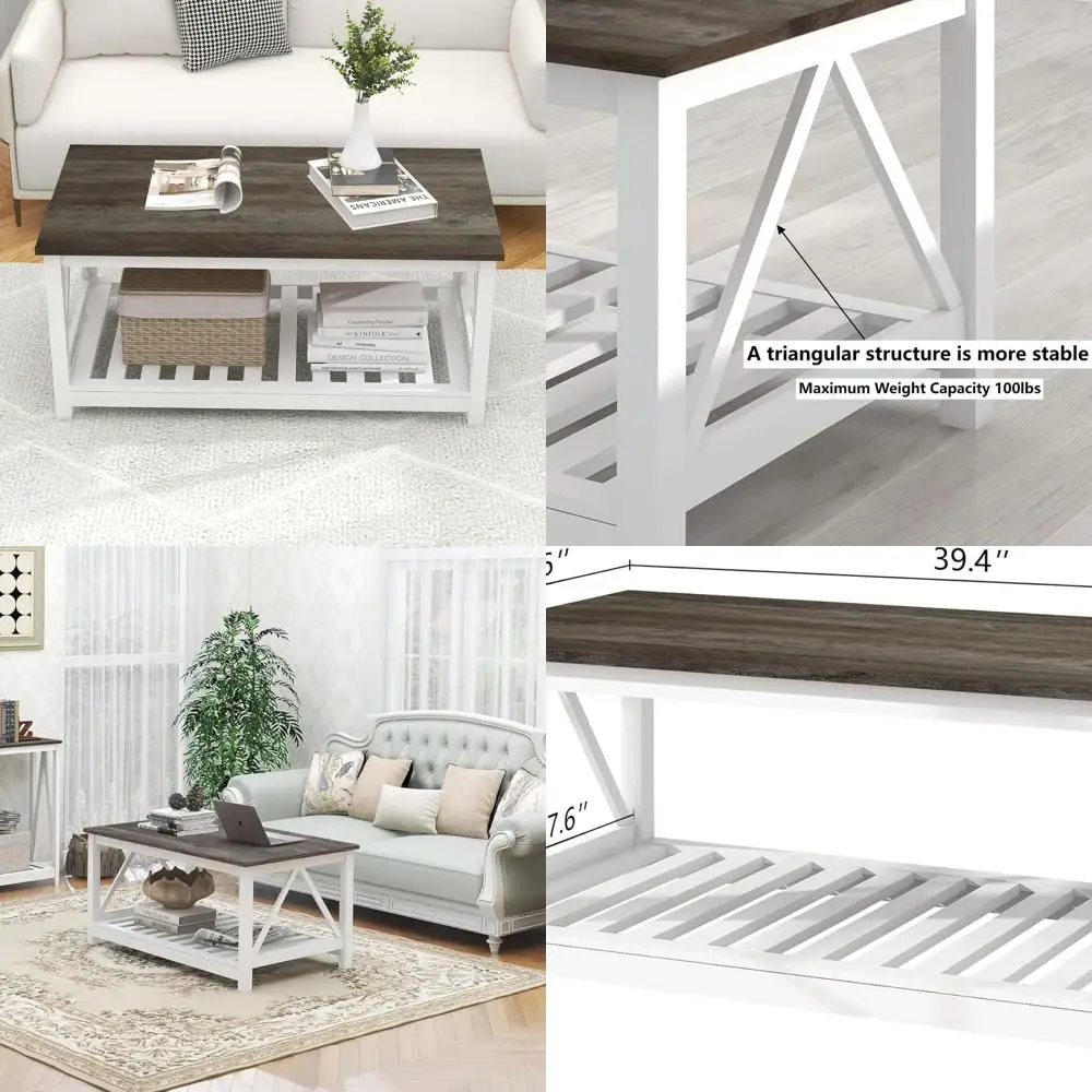 Modern Rectangular 2-Tier White Oak Coffee Table with Slat Shelf and V-Frame for Living Room