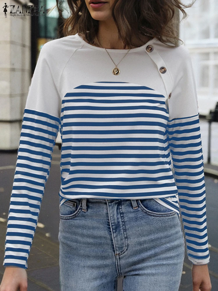 ZANZEA Casual Stripe Stitching Hoodies Women Round Neck Pullover Fashion Long Sleeve Sweatshirts 2024 Autumn Button Knitted Tops