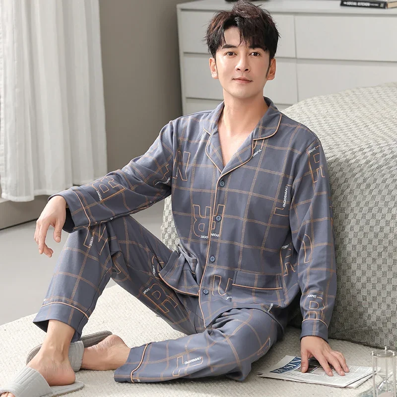 Men's pajamas spring and autumn long-sleeved cardigans casual plaid suits male loose and wearable loungewear pijama hombre