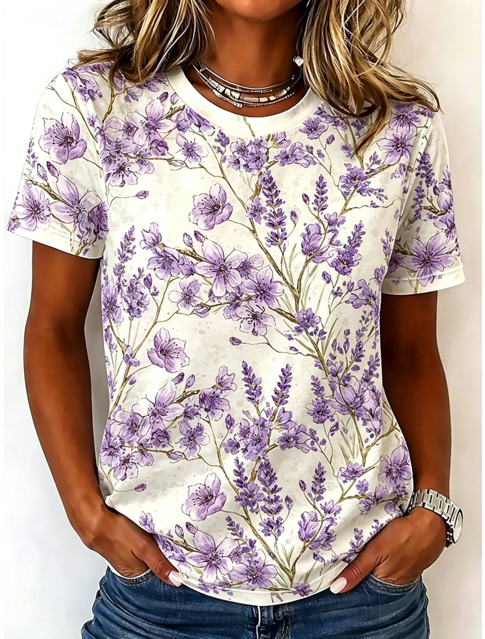 Women's Red Maple Floral Print Round Neck T-Shirt, Short Sleeve Casual Tops, White Daily Wear for Spring & Summer