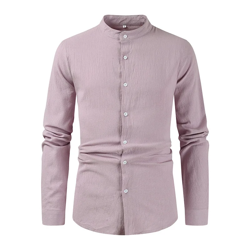 New Autumn Long Sleeve Shirt Men Stand Collar Cotton Casual Male Blouse Vintage Solid Color Single Breasted Shirts Man