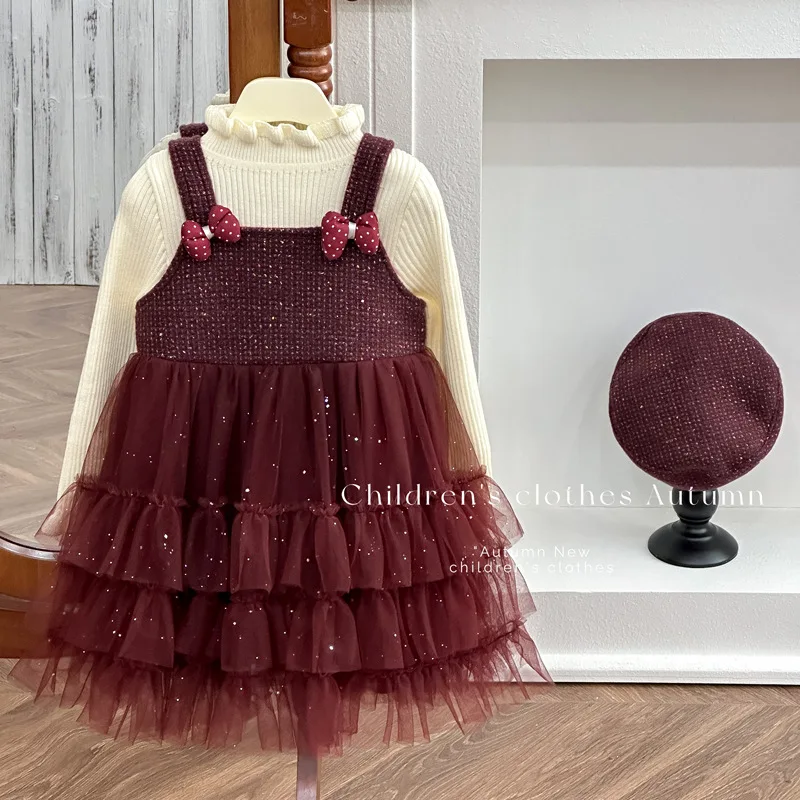 

Girls' Dress Winter Collection Stylish Children's Tulle Puff-Sleeve Dress Bow Princess-Style Red Two-Piece Set with Sequins