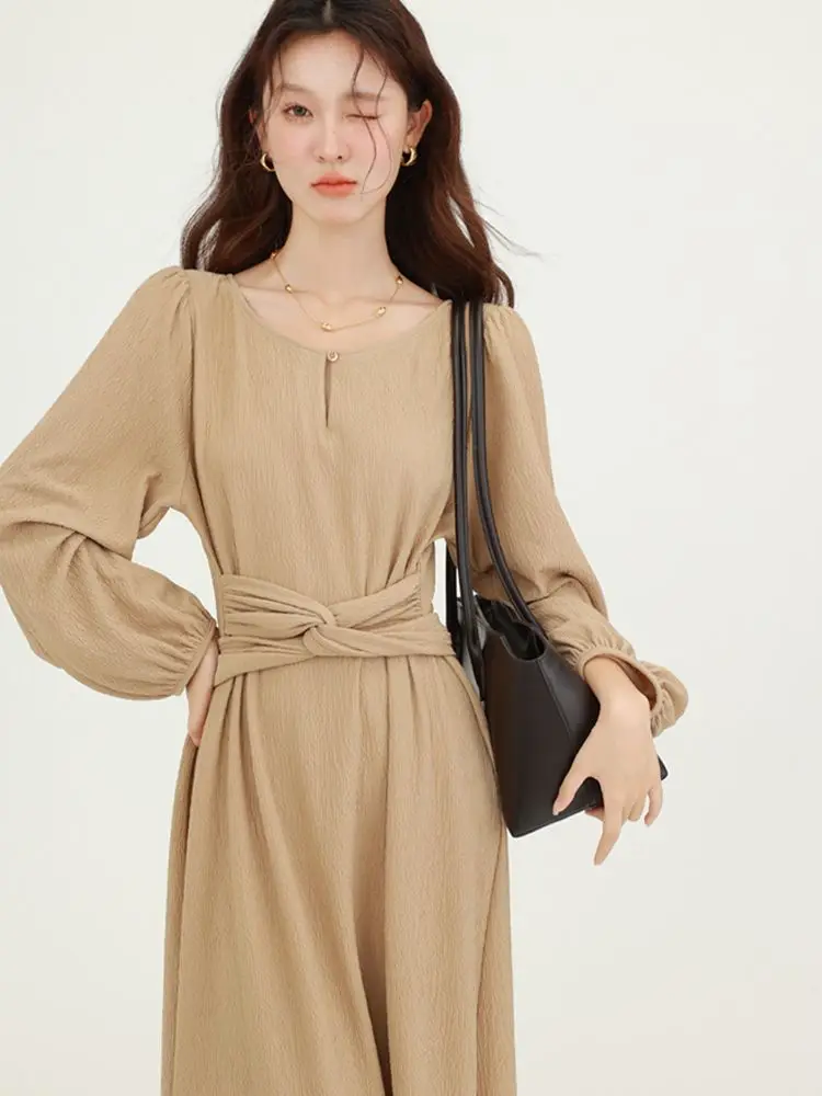 

Korea Long Dress Niche Design Wrap-Around Lace-Up Olive Green Long Dress Lace-Up Elegant Style Simple Office Lady