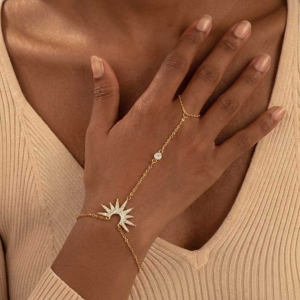 Zierliches Pavé-Armband mit Zirkonia-Sonnen-Fingerkette für Damen, vergoldet, aus Edelstahl und Messing, wasserdicht, Party-Schmuck, Geschenk – Detail 5
