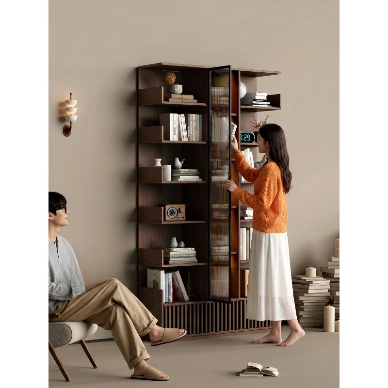 integrated floor-to-ceiling bookshelf against the wall, household living room display cabinet, study shelf