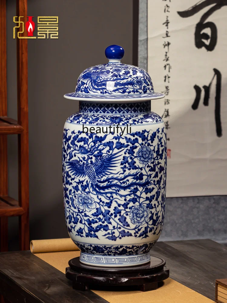 Jingdezhen Porcelain Hand Painted Blue and White Porcelain Vase Antique Imitation Chinese Style Home Storage Jar Decoration