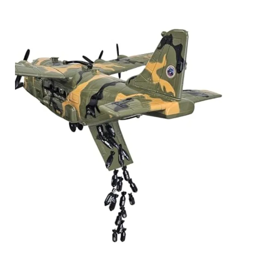 Military cargo plane toy for display: 21-inch C130 bomber with working doors, 20 bombs, 12 army vehicles, durable plastic, gray