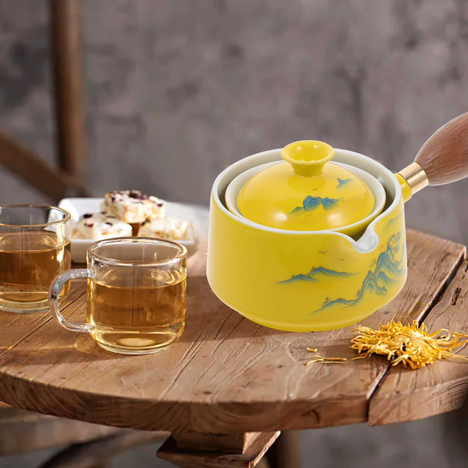 

Ceramic Teapot Side H 360 Degree Rotation Single Pot Yellow Easy Cleaning Gift Loose Tea Brewing Kitchen Barware