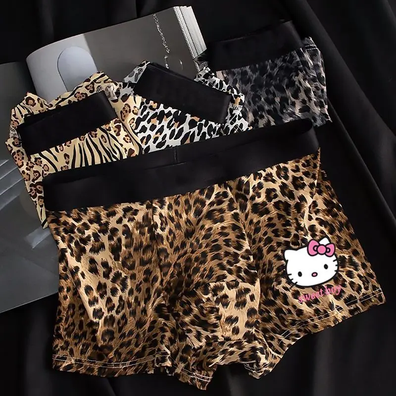 Hello Kitty Periferiche anime Cartoon Stampa leopardata Slip da ragazzo Personalità creativa Pantaloncini sexy senza traccia di seta ghiacciata Boxer carini