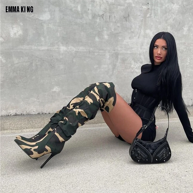 Moda stampata Camouflage Sexy sopra il ginocchio stivali alti sottili tacchi alti scarpe da donna stivali da moto lunghi a punta donna