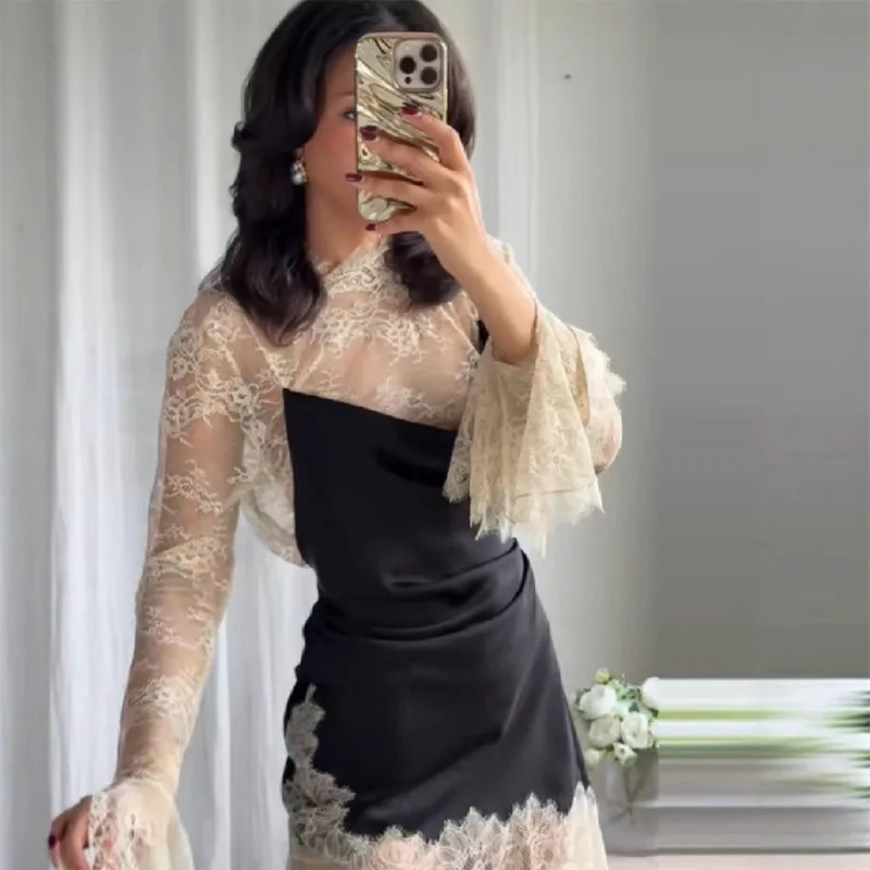 

Скромное милое короткое платье с кружевом и вырезами, сексуальный горячий тренд, стильные вечерние женские платья в стиле ретро, милая французская романтическая женская одежда