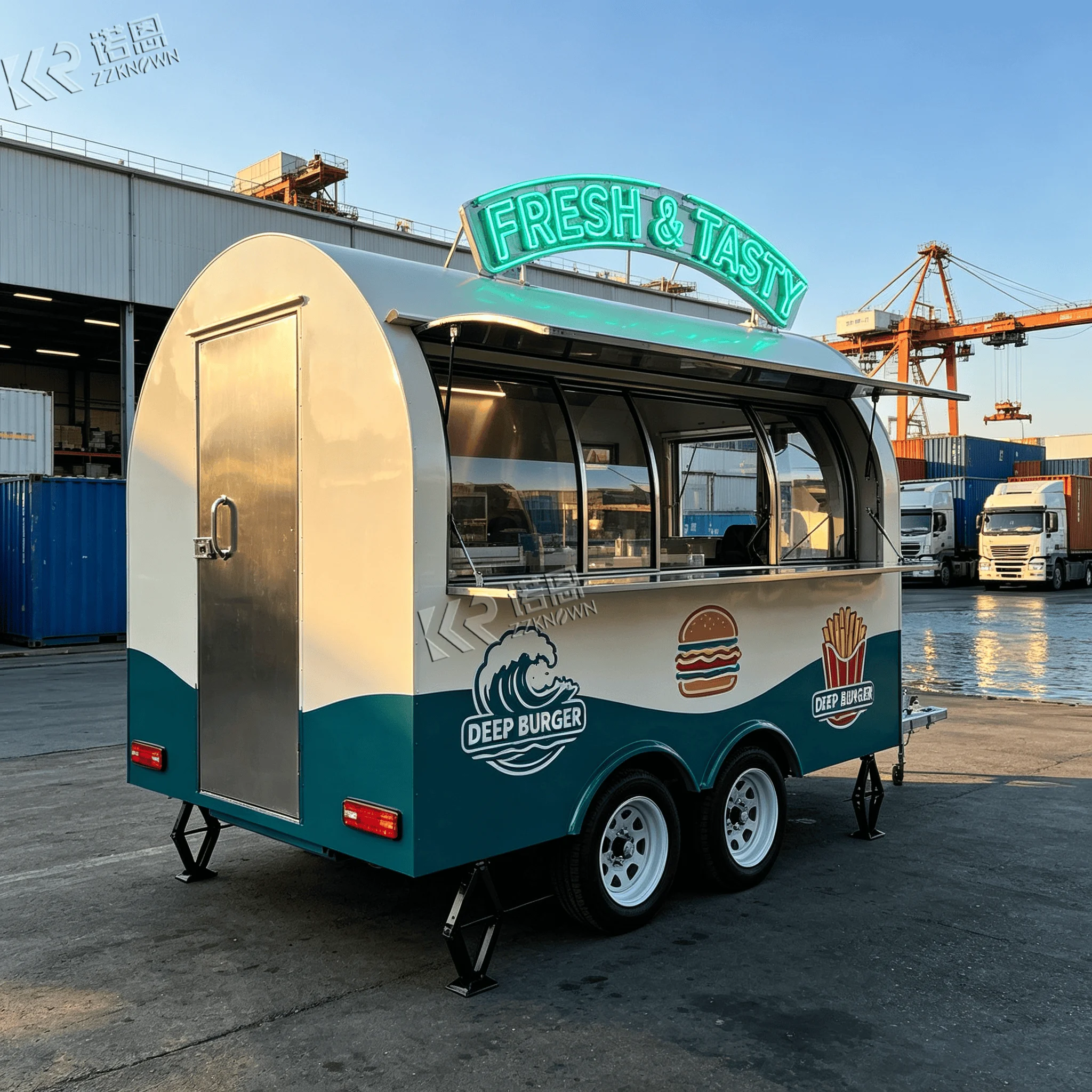 2.3m Compact Curved Food Truck and Food Trailer Height‑Adjustable Support Legs for Uneven Ground Outdoor Vending