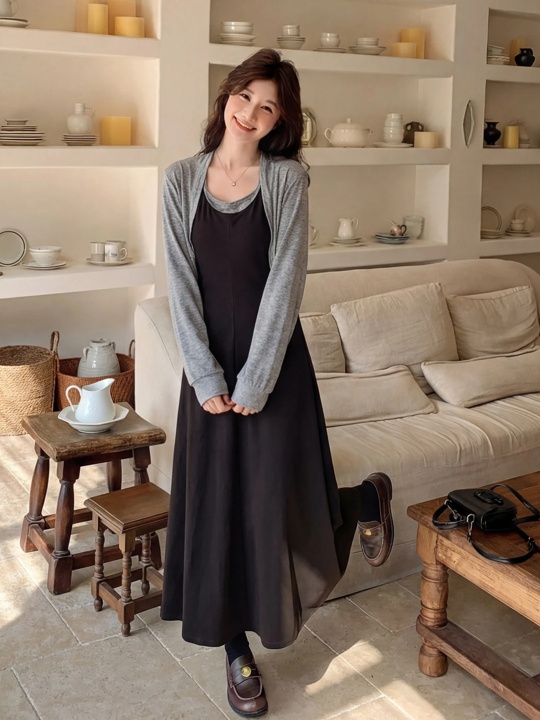 

Casual Style Mock Two-Piece Vest Dress Shoulder Bared Cardigan Set Women's Fashion Spring Autumn New Style Slimming Two-Piece...