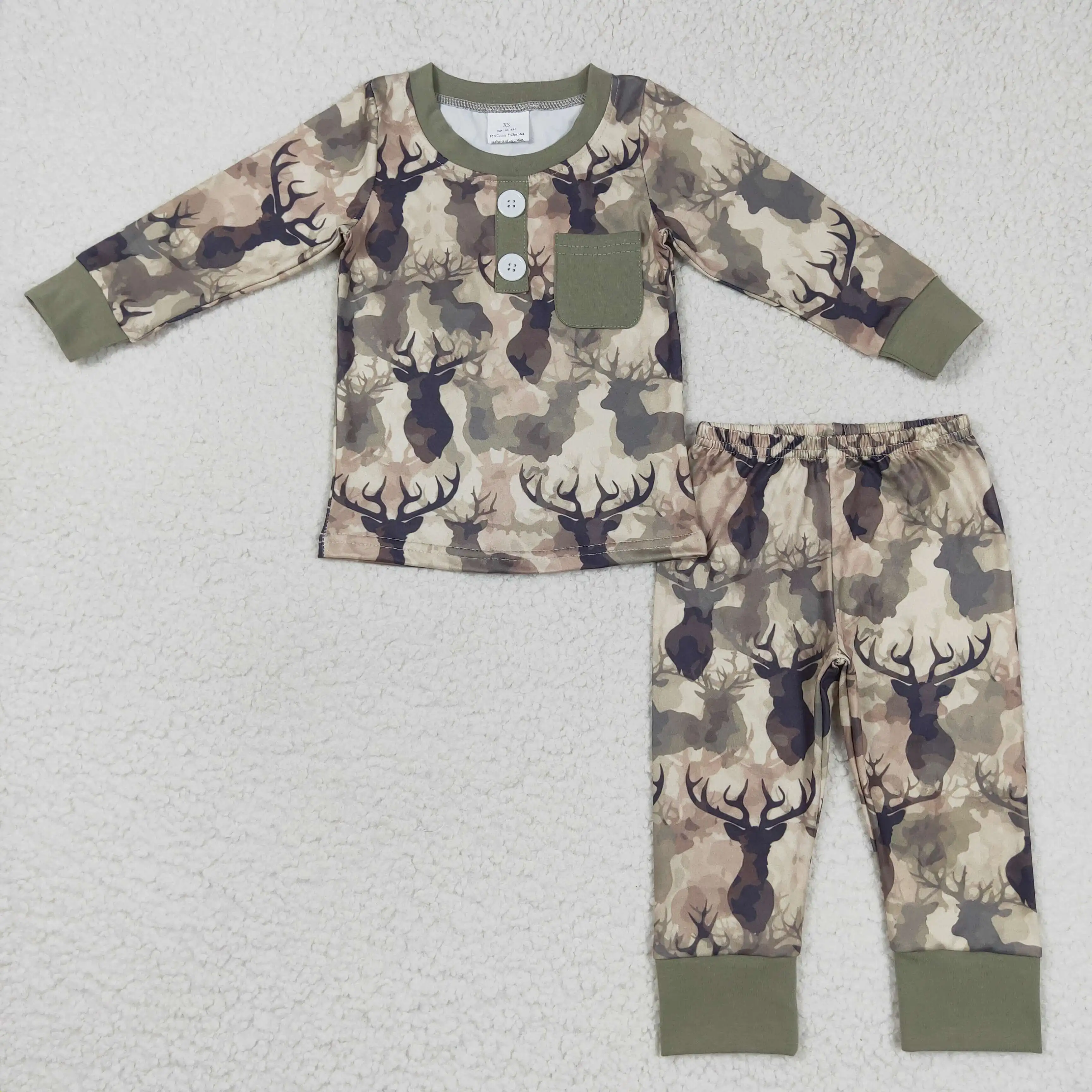 

Boutique boys' pajama set pocket elk army green camouflage boys' long-sleeved trousers pajama set