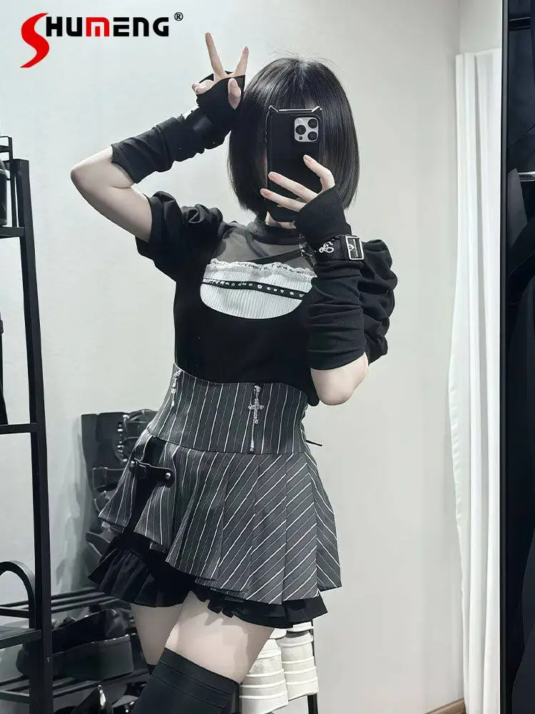 

Japanese Mass-produced Style Subculture Square Collar Puff Sleeved Black Tops High Waist Pleated Skirt Two-piece Sets for Women