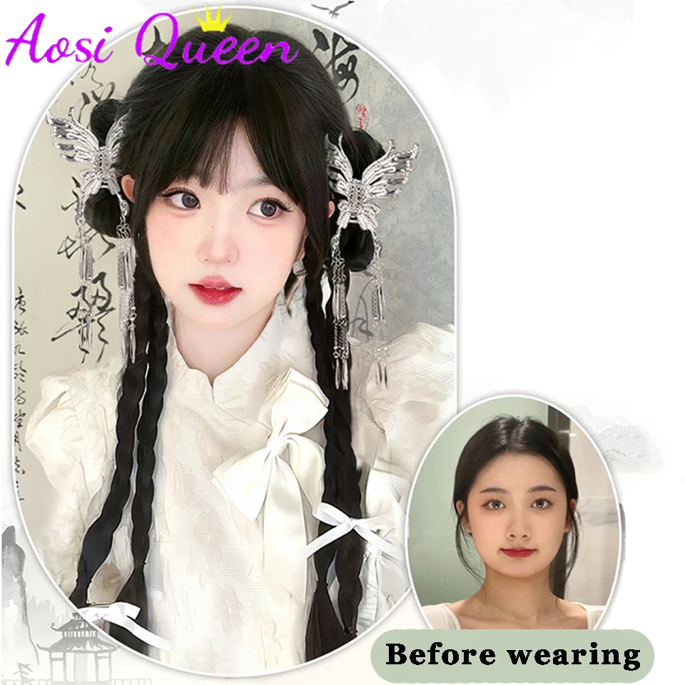 AOSI Synthetic Ponytail Wig Women Chinese Claw Clip Bowknot Braided Hair Natural Chinese Style Hanfu Ponytail