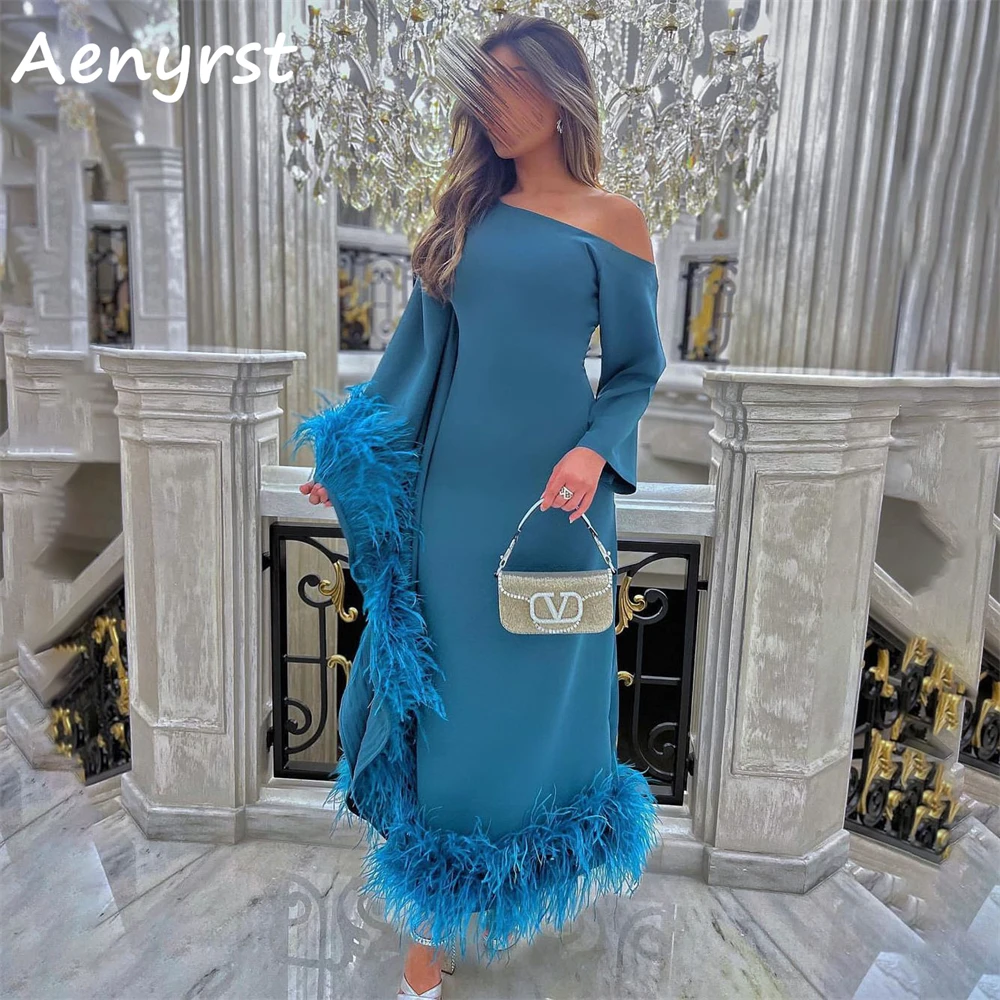 Aenyrst Blue Feathers Diagonal Collar Prom Dresses Long Sleeves A Line Evening Gowns customized Tea Length Formal Occasion Dress