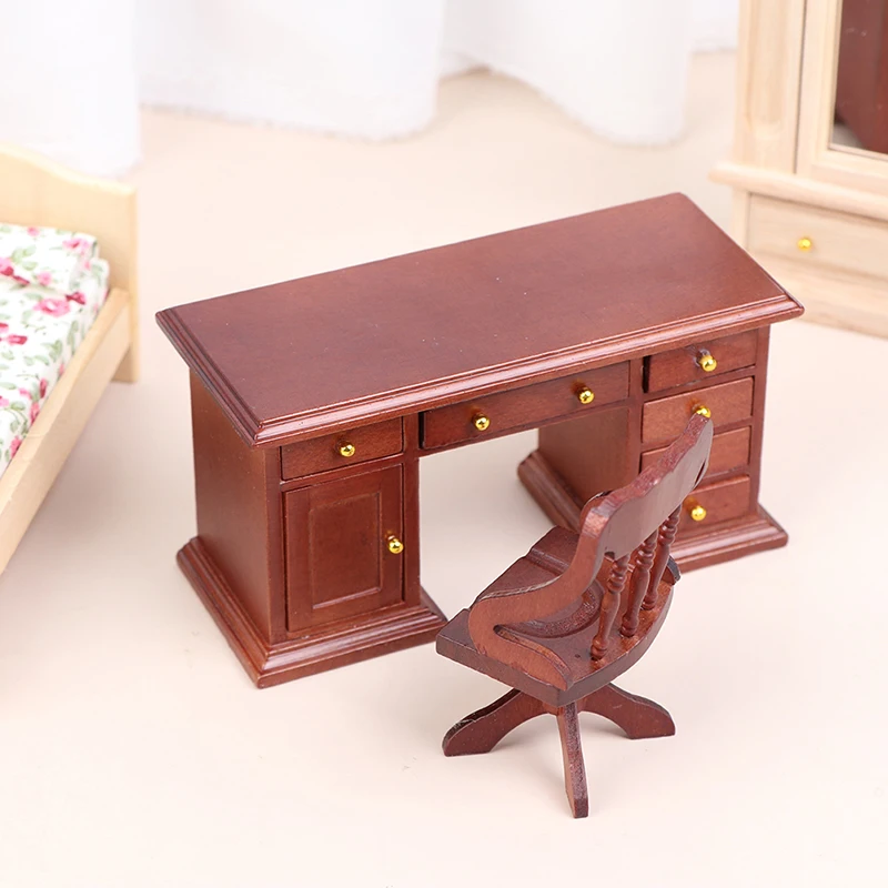 Mesa de madeira do computador e cadeira para Dollhouse, mobiliário modelo miniatura, 1/12, 2pcs por conjunto