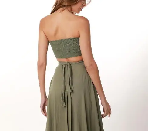

Two Piece Set Women Outfit 2025 Summer New Solid Color Sleeveless Shirred Bandeau Crop Top & High Waist Lace Up Casual Skirt Set
