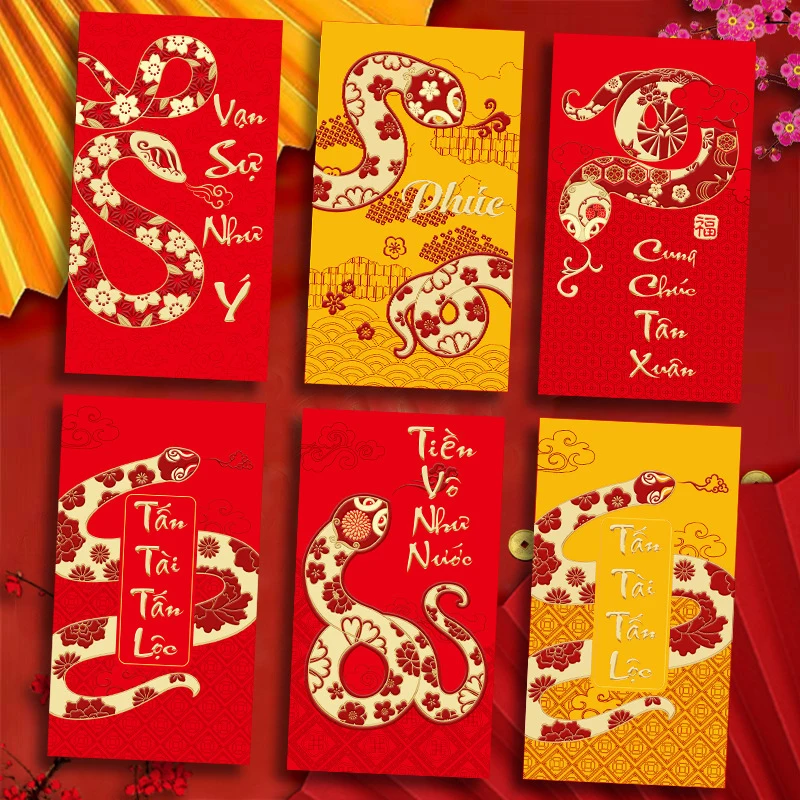 6 Pcs Cartoon Zodiac Snake Spring Festival Red Envelope Cute Fashion Lucky Money Bag Creative Chinese New Year Red Packet Gifts