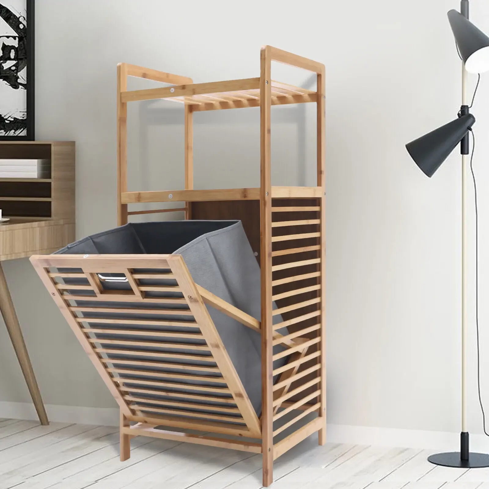 

Tilt-Out Bamboo Laundry Hamper Cabinet - Bathroom Storage with 2-Tier Shelf