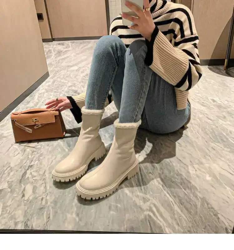 Größe 42 Herbst-Winter-Schneestiefel Warme Pelz-Damen-Stiefeletten Modische Elegante Schuhe mit Rückenreißverschlüssen Dicker Absatz Damen-Kurzstiefel – Detail 21