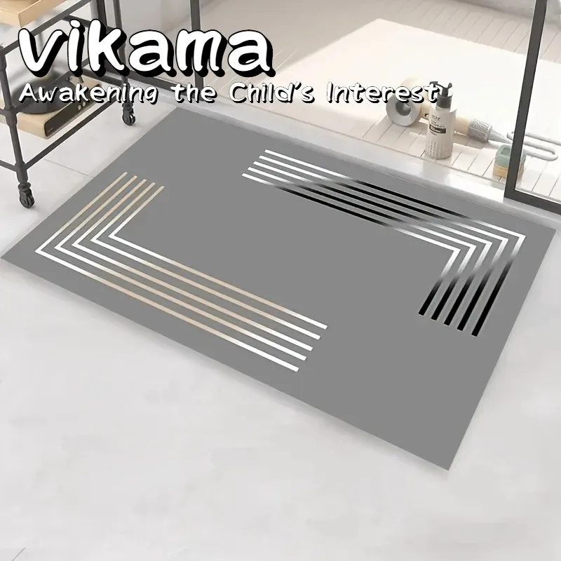 VIKAMA Anti-slip Diatomite Bathroom Mat, Absorbent Kitchen Bathroom Rugs, Doorway Hallway Anti-slip Gray and Gold Stripe Designs